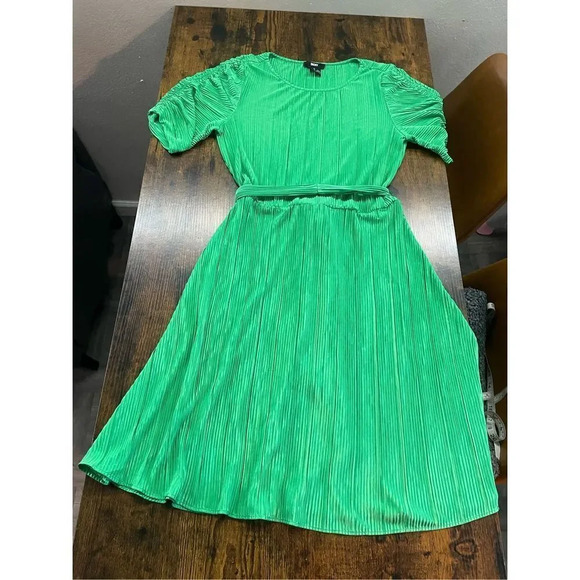DKNY Belted Plissé-satin Dress - Green- Sz 10 - Picture 7 of 13